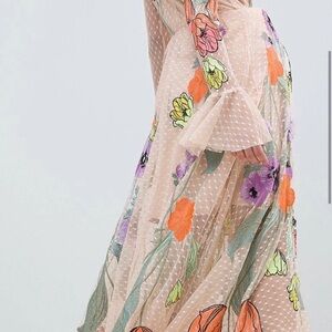ASOS Sheer Long Sleeve Dress with Floral Embroidery